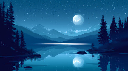 Wall Mural - Moonlit night over tranquil lake. generative ai. Ecliptic. Illustration