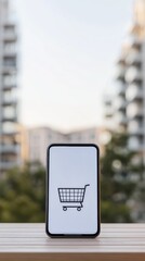Poster - Modern smartphone displaying shopping cart icon symbolizes online shopping, e commerce, and convenient purchasing experience in contemporary urban setting