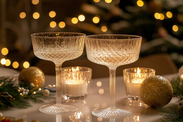 Minimalistic arrangement of two champagne glasses beside candles and decorative ornaments, set against a softly lit background