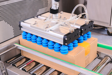 Poster - A cardboard box is lifted from a metal conveyor by an automatic pneumatic machine with rubber suction cups. Warehouse and logistics technology concept background