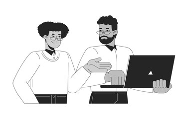 Fototapete - Diverse colleagues interaction laptop black and white 2D line characters. African american employee and hispanic office worker notebook isolated vector outline people. Monochromatic spot illustration