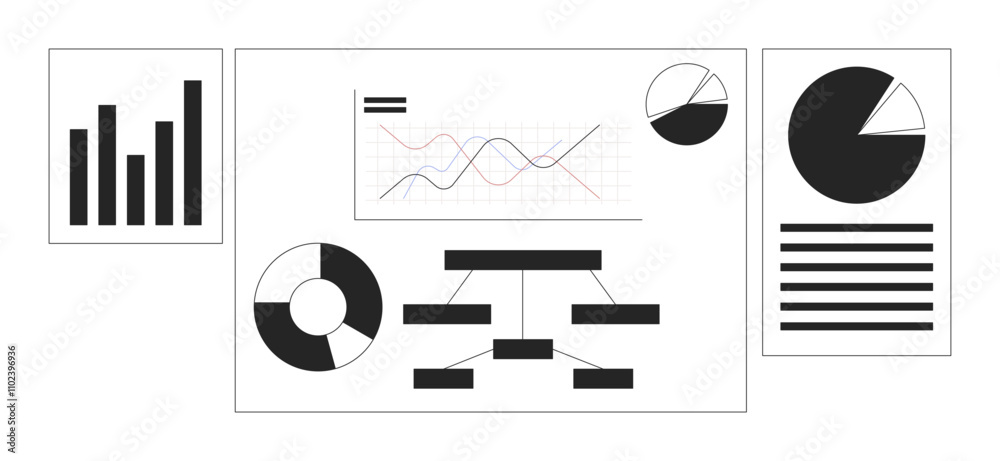set of black and white graphs and charts including a... Corporate charts posters black and white 2D line objects set. Analysis ...