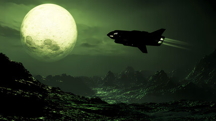 a futuristic spaceship flies through a dark, rocky landscape under a full moon. the ship is illumina