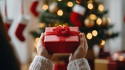 Wall Mural - Cozy Holiday Scene with Hands Holding a Beautifully Wrapped Christmas Gift in Front of a Sparkling Tree and Stockings, Evoking Joy and Festivity