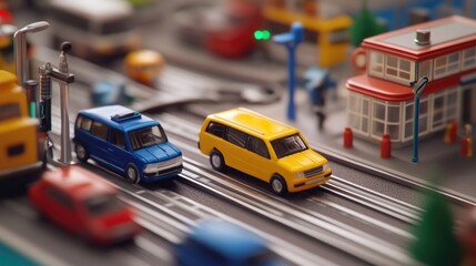 Naklejka na meble Miniature Car Race on a City Track Toy Vehicles in Motion