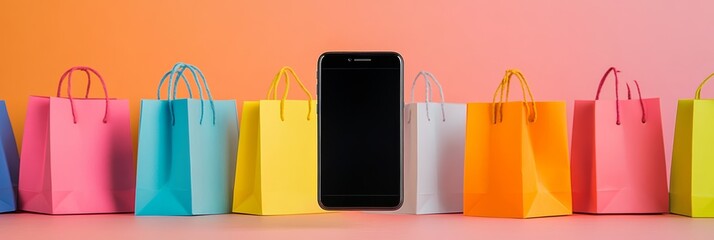 Poster - Smartphone with blank screen is surrounded by colorful shopping bags on a vibrant gradient background, representing the ease and convenience of online shopping and e commerce