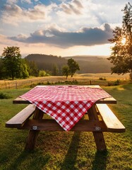 Wall Mural - Red and white checkered picnic blanket on a wooden table at sunset.