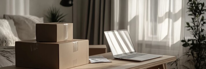 Poster - Two stacked cardboard boxes sit on a wooden table next to an open laptop, bathed in sunlight streaming through a window, creating a scene evocative of online shopping, e commerce, and home delivery