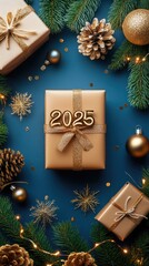 Wall Mural - Golden number 2025 stands out on a blue backdrop, adorned with festive decorations and illuminated pine branches creating a celebratory ambiance.