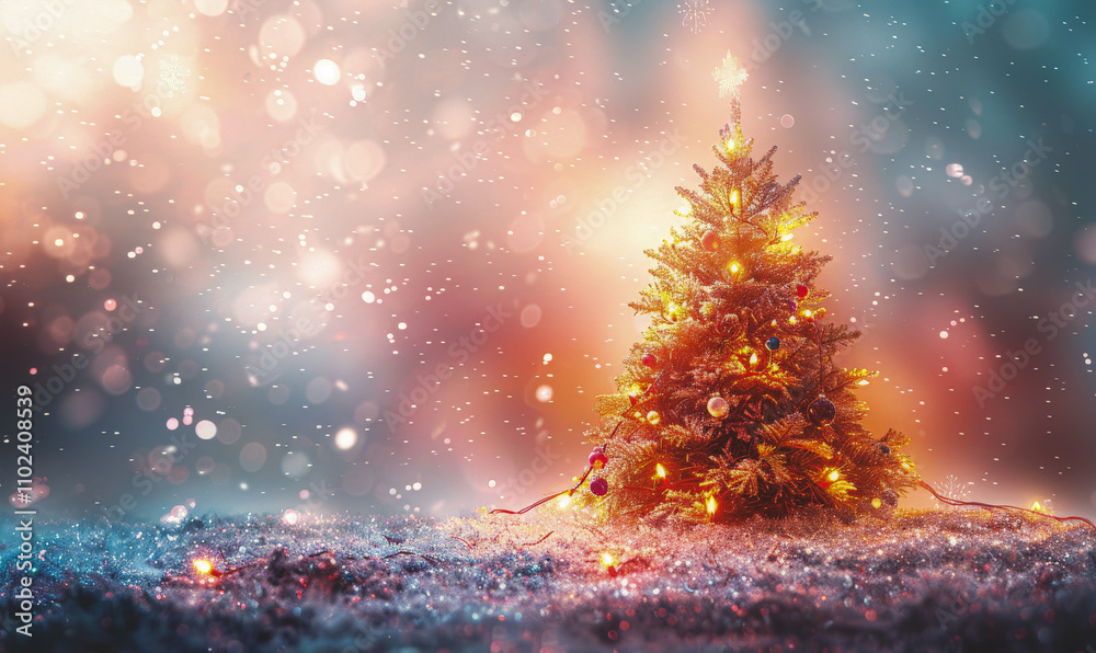 Christmas background. Xmas tree with snow decorated with garland lights ...