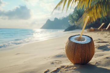 Refreshing coconut drink cocktail with straw lying on exotic tropical sandy beach against sea view landscape, summer holiday concept background.