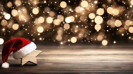 Poster - White wooden star adorned with a Santa hat rests against a backdrop of bright bokeh lights, creating a cheerful holiday atmosphere