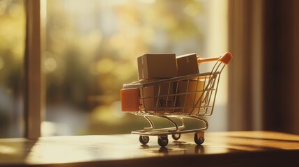 Poster - Small shopping cart filled with cardboard boxes placed on a wooden surface near a window, representing the concept of online shopping and e commerce