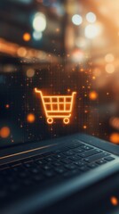 Poster - Shopping cart icon hologram is appearing above the keyboard of a laptop, suggesting online shopping, e commerce, and online payment concepts, with a blurred background