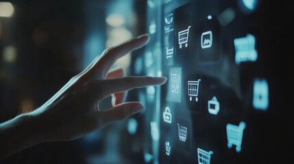 Poster - Hand interacting with a futuristic digital interface with shopping cart icons, symbolizing online shopping and e commerce in a technologically advanced environment