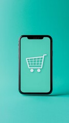 Poster - Modern smartphone displaying shopping cart icon on turquoise background represents online shopping, e commerce, and convenient online payment and delivery
