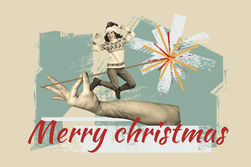 Sketch design trend artwork 3D photo collage of merry xmas december newyear spirit young lady happy jump hand hold fireworks greeting card