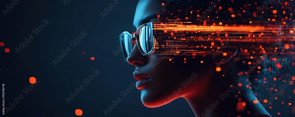 A futuristic digital concept with a person wearing glasses, immersed in ...