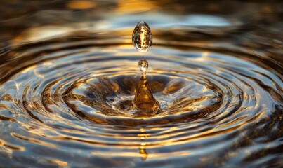 Wall Mural - Golden water droplet falling and splashing, creating concentric ripples