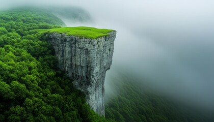 Wall Mural - Dramatic cliff rises above dense forest with a vibrant green plateau surrounded by mist