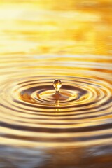 Poster - A serene close-up of a water droplet creating ripples, glowing golden against a warm, tranquil background.