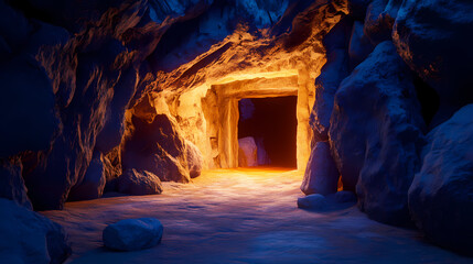 Wall Mural - Enchanted cave entrance surrounded by ancient rock formations, lit by a mysterious glowing light. Liminal. Illustration