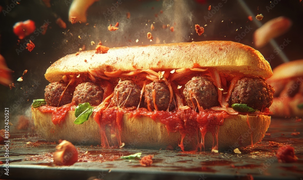 Exploding Meatball Sub Meatball sub sandwich innards erupting outward from the iconic Chicago ...