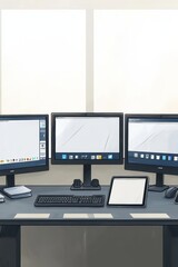 Poster - A modern workspace featuring three monitors, a tablet, and a sleek keyboard, designed for productivity and creativity.