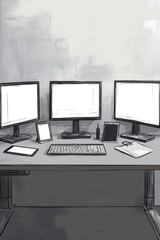 Poster - Modern workspace featuring three computer monitors and various tech devices, emphasizing productivity and organization.