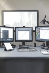 Poster - A modern workspace with multiple monitors and a sleek design, showcasing a stylish and organized setup.