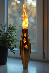 Poster - A modern metal torch with a sleek design, its fire glowing brightly and casting soft shadows on a clean white surface,