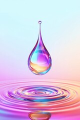 Poster - A vibrant, colorful water droplet suspended above a ripple effect, showcasing iridescent hues and a serene atmosphere.
