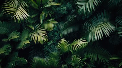  Lush green tropical foliage wall.
