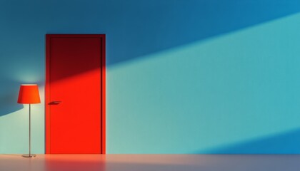Poster - A vibrant red door is contrasted by a blue wall and a lamp casting a warm shadow