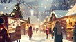 © nikolettamuhari - Snowfall over a Christmas market with illuminated stalls and visitors