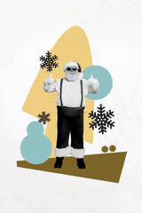 Wall Mural - Vertical photo collage of happy old man wear santa claus costume show like gesture new year celebration snow isolated on painted background