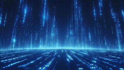 Poster - blue binary code background with data and technology, illustration of falling numbers on a dark blue