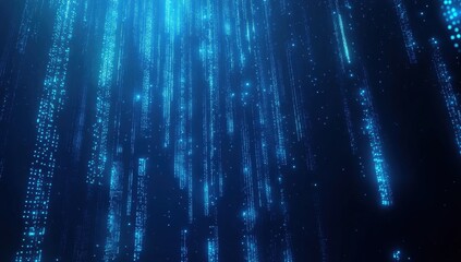 Poster - blue binary code background with glowing data flowing down, a technology and computer digital screen