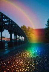 Poster - A vibrant rainbow stretches down towards the grass, creating a beautiful display in a sunlit garden. Lush greenery surrounds the scene, enhancing its natural beauty. Generative AI