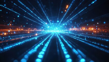 Poster - blue binary code background with glowing data and pixels on a dark blue digital wallpaper generative