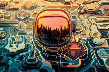 Aufkleber - An abstract composition featuring a futuristic circuit board design with intricate lines and geometric elements.