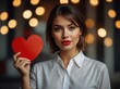© Kubista - A beautiful woman holding a shiny red heart with a bokeh background of glowing hearts, symbolizing love, romance, and affection.