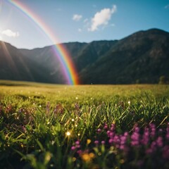 Poster - A vibrant rainbow stretches down towards the grass, creating a beautiful display in a sunlit garden. Lush greenery surrounds the scene, enhancing its natural beauty. Generative AI