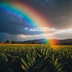 Poster - A vibrant rainbow stretches down towards the grass, creating a beautiful display in a sunlit garden. Lush greenery surrounds the scene, enhancing its natural beauty. Generative AI