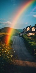 Poster - A vibrant rainbow stretches down towards the grass, creating a beautiful display in a sunlit garden. Lush greenery surrounds the scene, enhancing its natural beauty. Generative AI