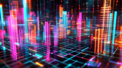 Aufkleber - Futuristic Neon Cityscape with Colorful Lights and Grid Patterns