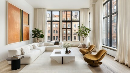 Poster - Modern Living Room with Large Windows and Stylish Furniture