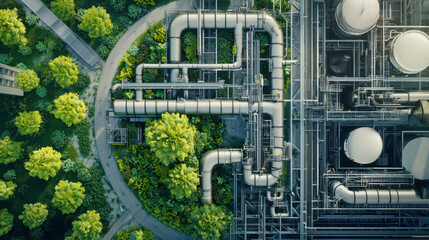 Top-down view of green industrial facility with integrated vegetation, showcasing eco-urban design.