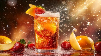 Aufkleber - Refreshing Summer Drink with Fresh Fruits Splashing in Glass