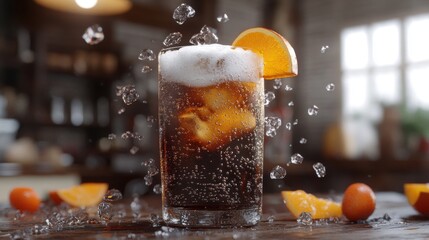 Poster - Refreshing Soda Drink with Orange Slice and Bubbles in a Glass
